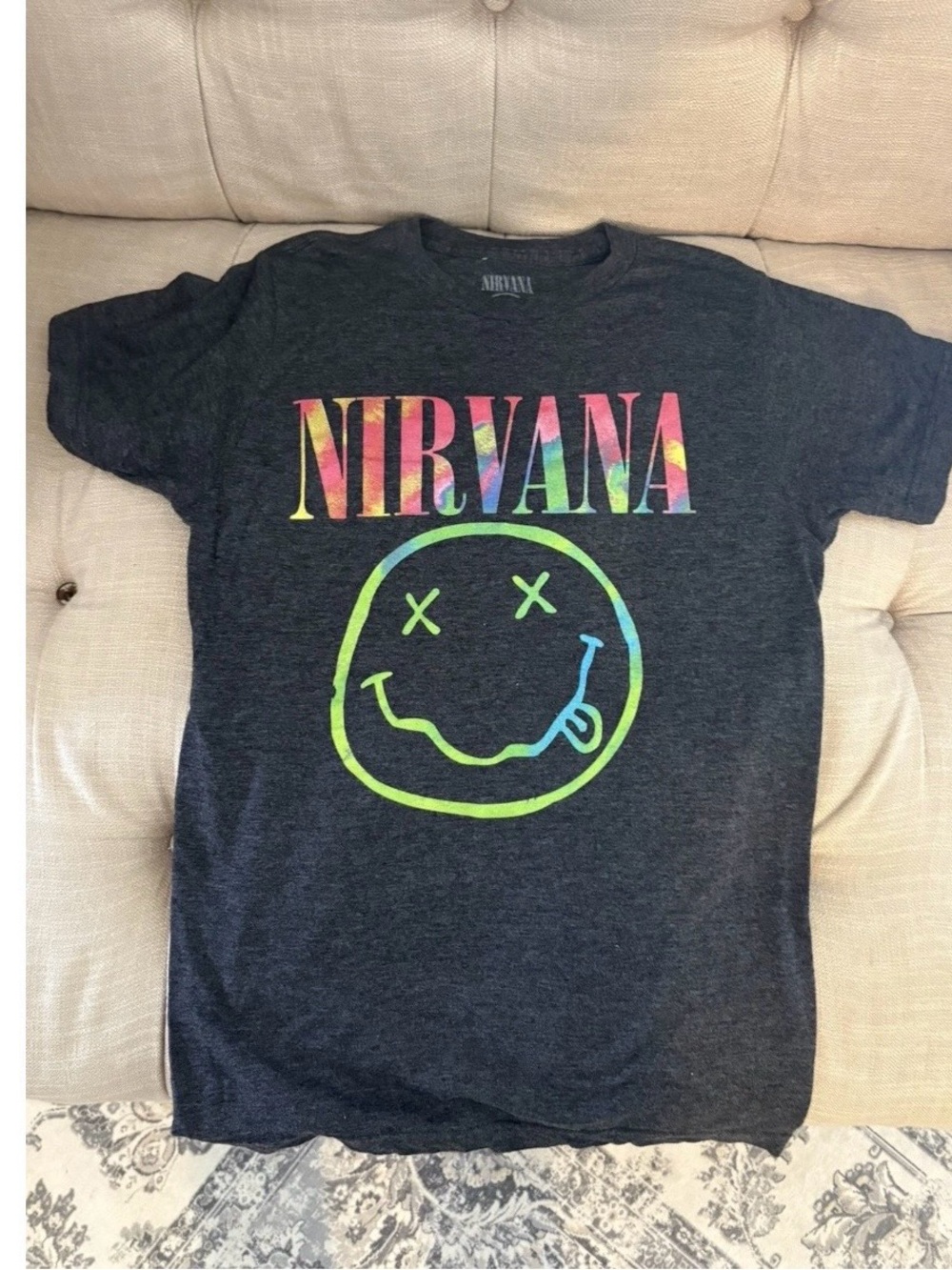 NIRVANA Kids' Black Tee with Rainbow Logo and Neon Smiley